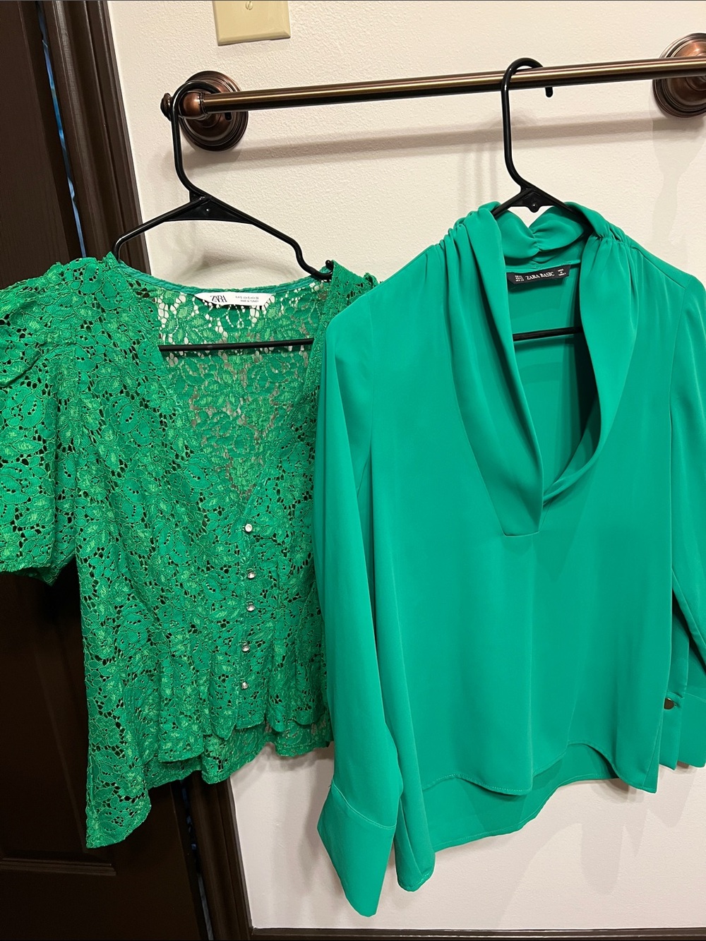 Lot of 2 Zara Blouses: Green Lace Button-Front Top & Zara Emerald Draped Blouse